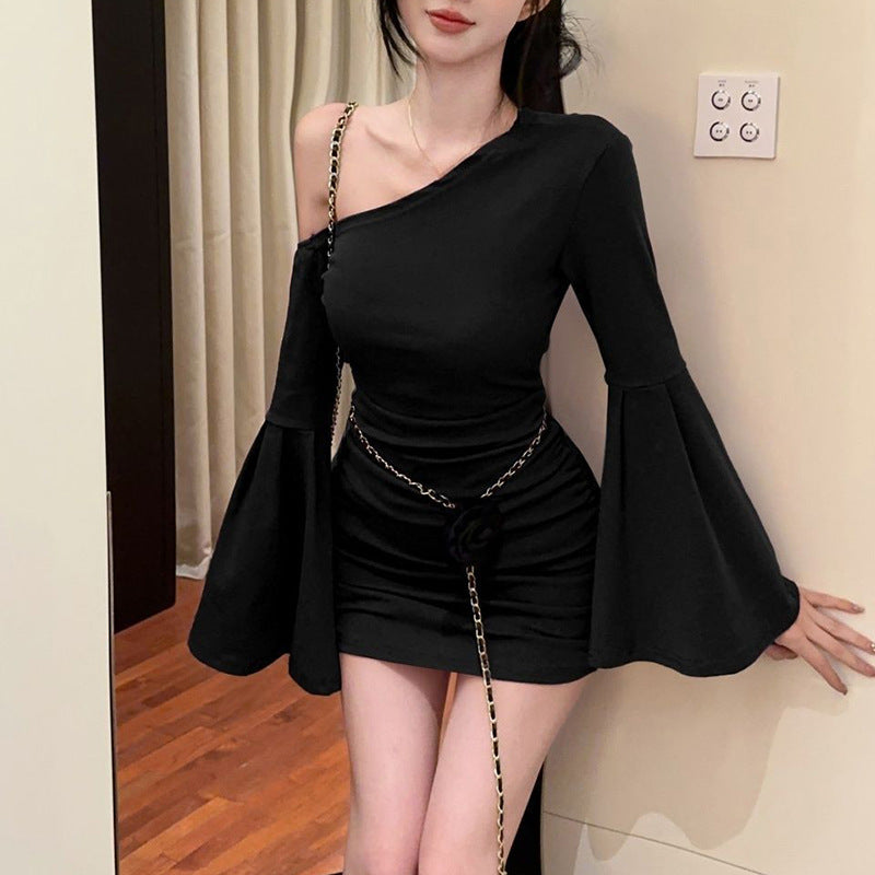AutumnWinter Long-Sleeved Sassy Off-Shoulder Flare-Sleeve Dress