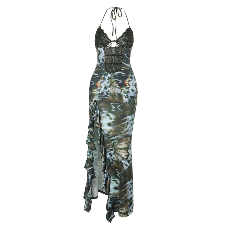Deep-V Chest-enhancing Cutout-strapped High-slit Dress For Women