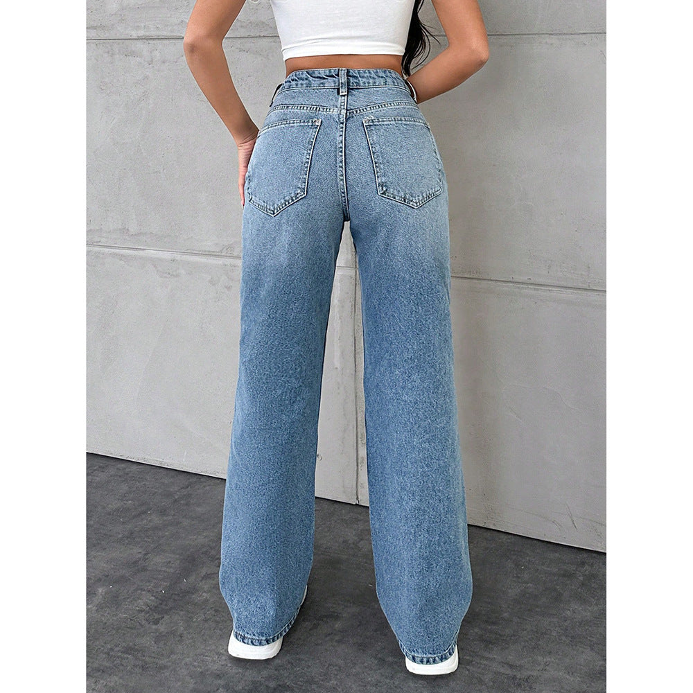 Womens Washed Casual Straight Jeans