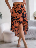 Women's Elegant Floral Print Ruffle Hem Midi Asymmetric Skirt