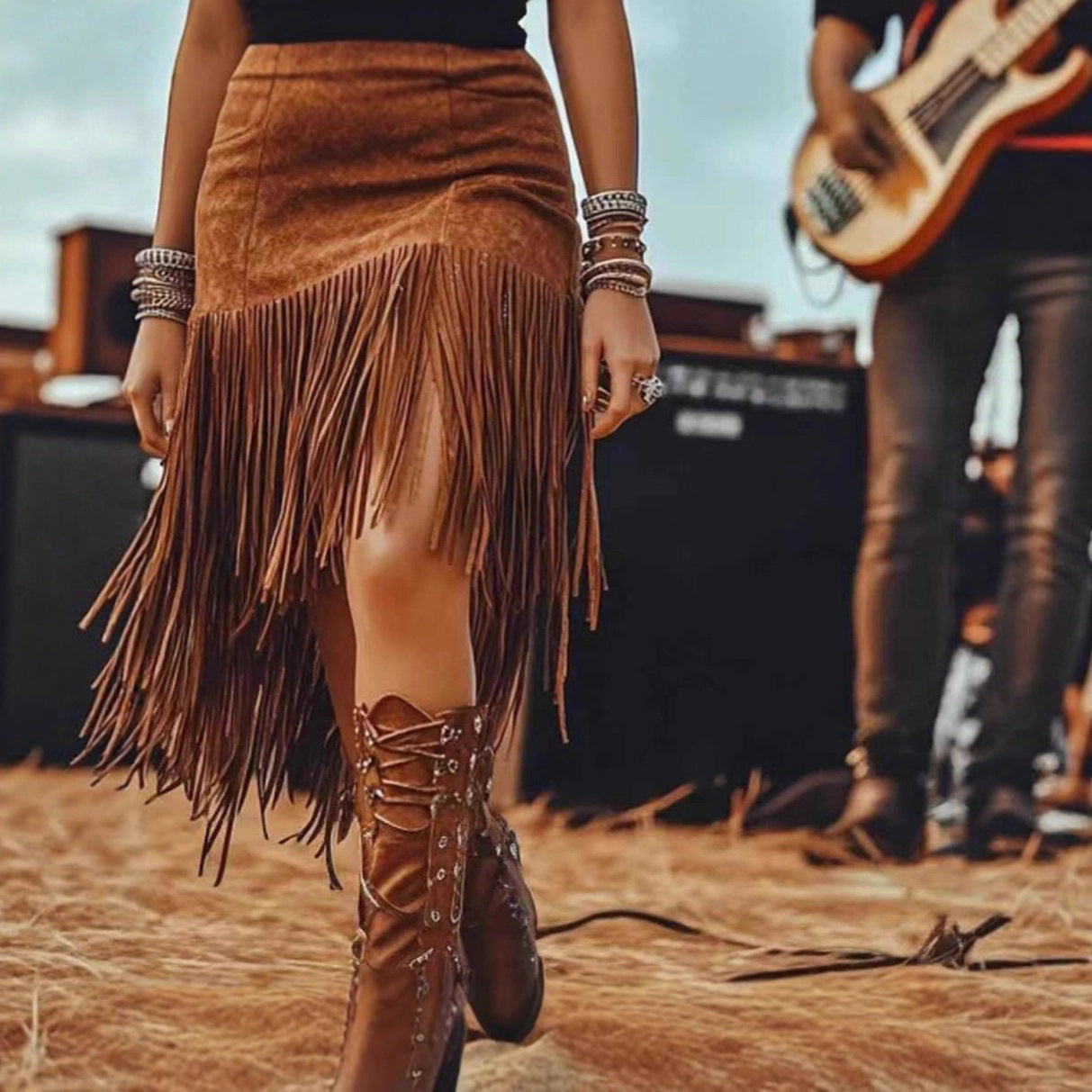 Coffee-Colored Tassel Skirt For Women Autumn Design-Forward Style