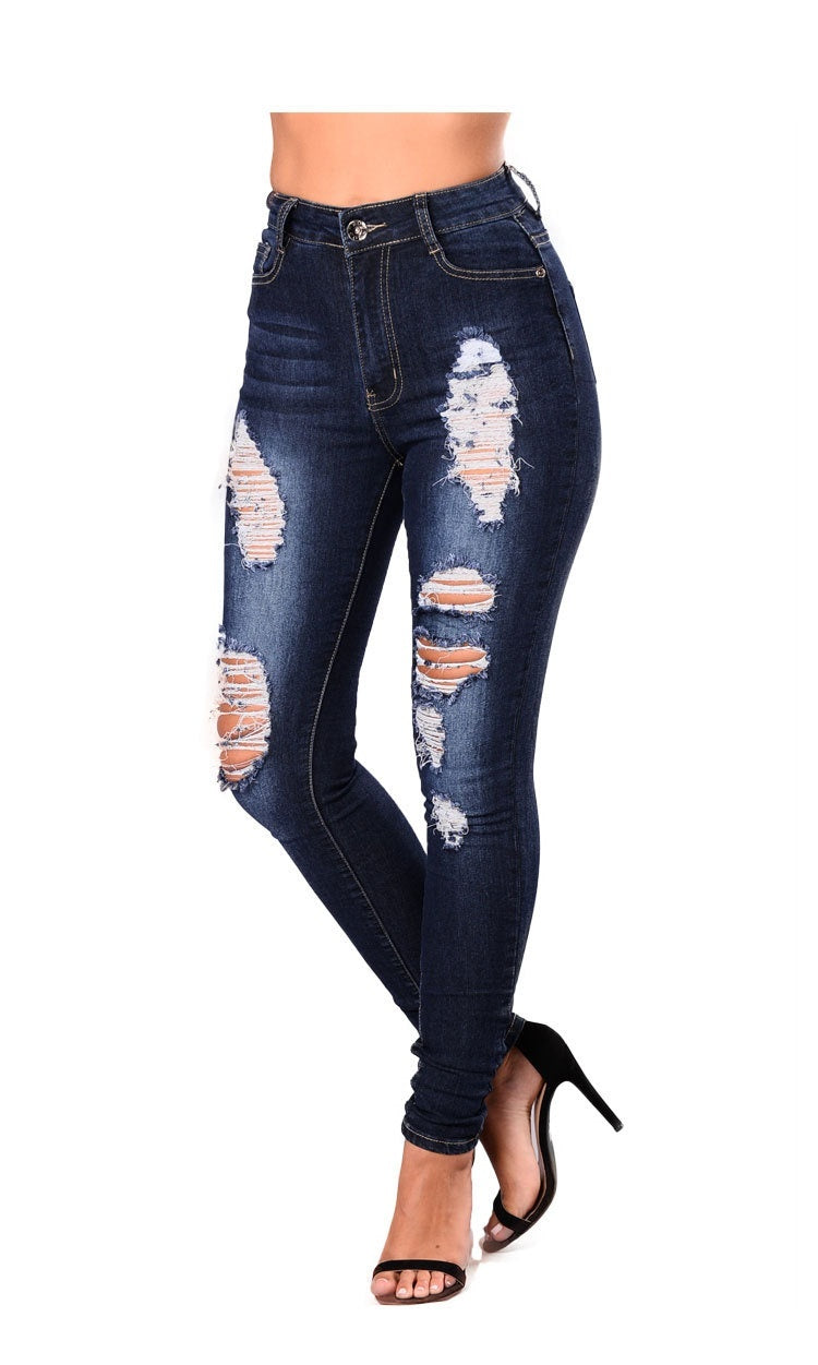 Stretchy Washed Distressed Ripped Denim Jeans