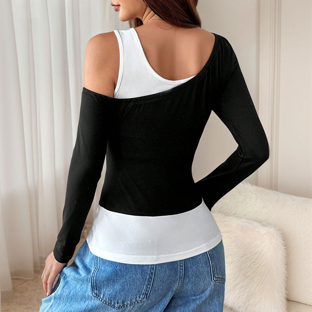 Black And White Spliced Asymmetric Shoulder Strap Unique Design Women's Top