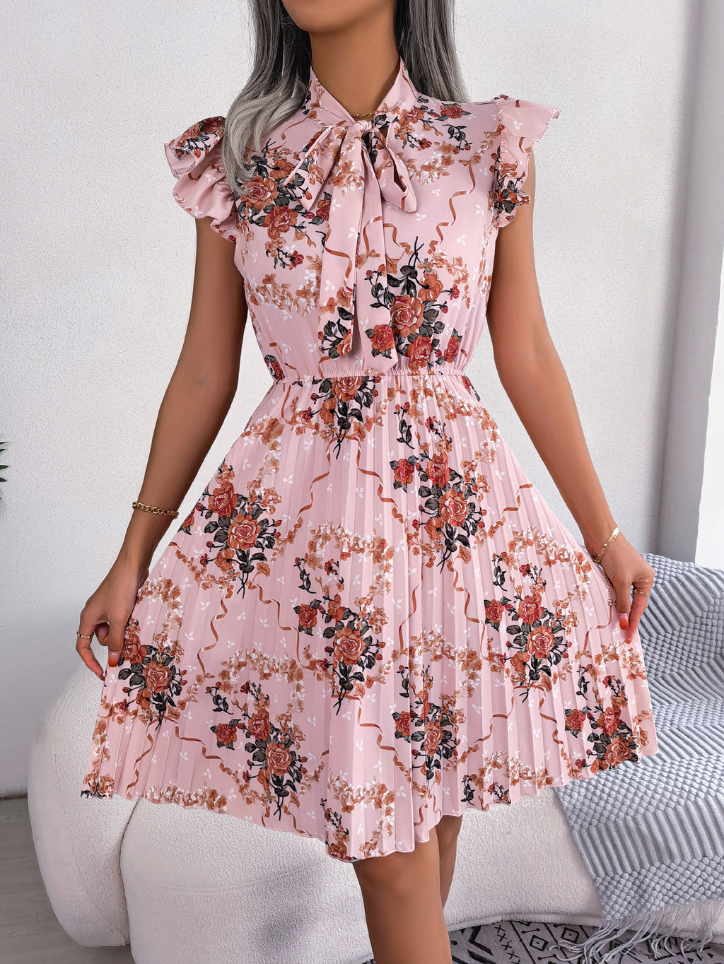 Women's Elegant Floral Print Tie Waist Flowy Pleated Skirt