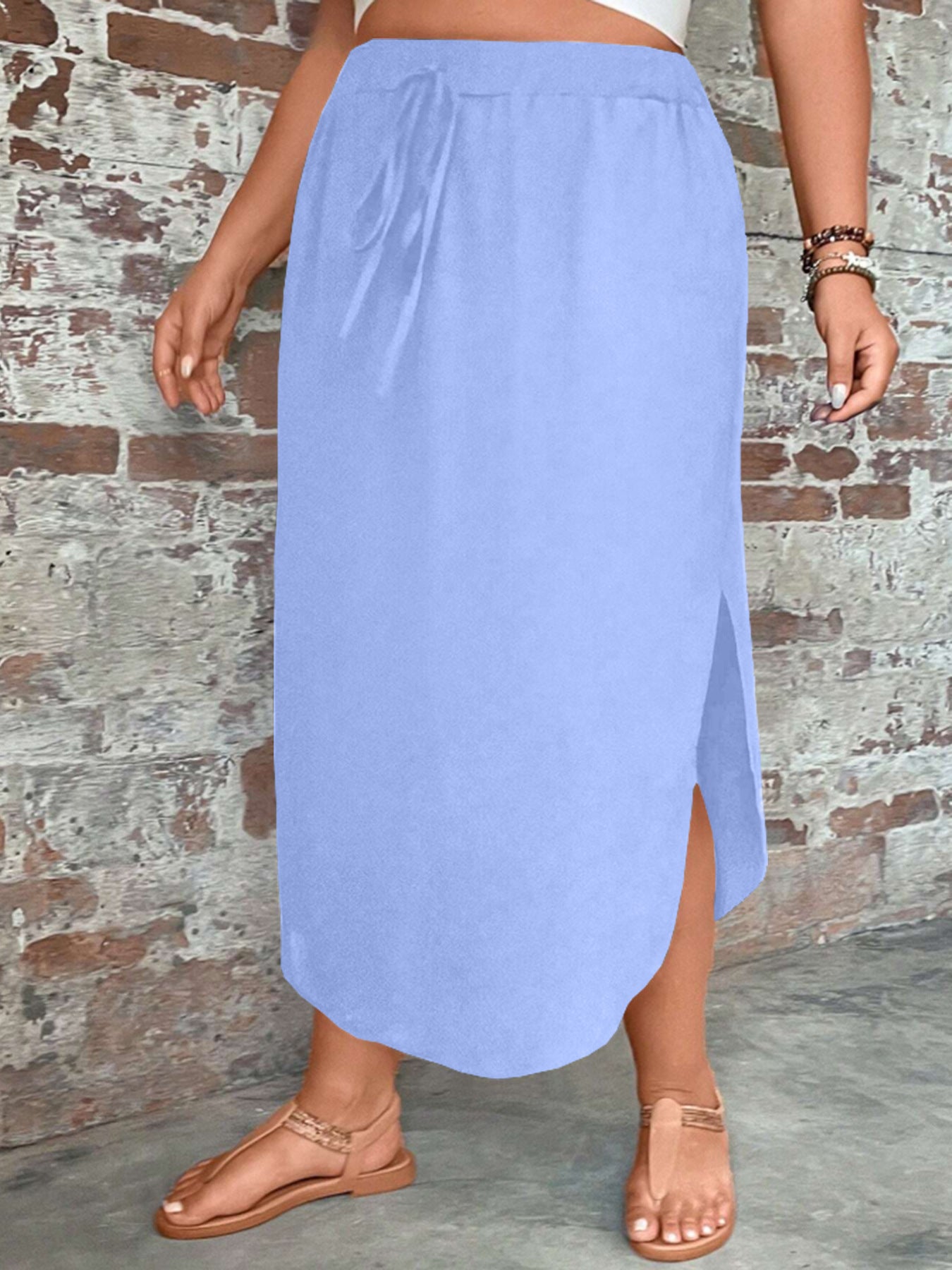 Plus-size Womens Solid-color Slim-fit Tie-front Split Skirt