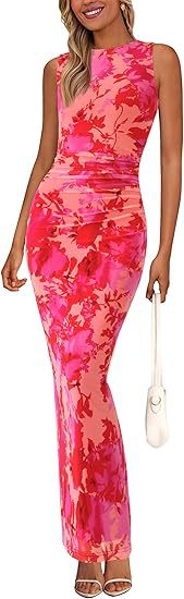 Womens Crew-Neck Pleated Floral Sheer Sleeveless Mesh Dress