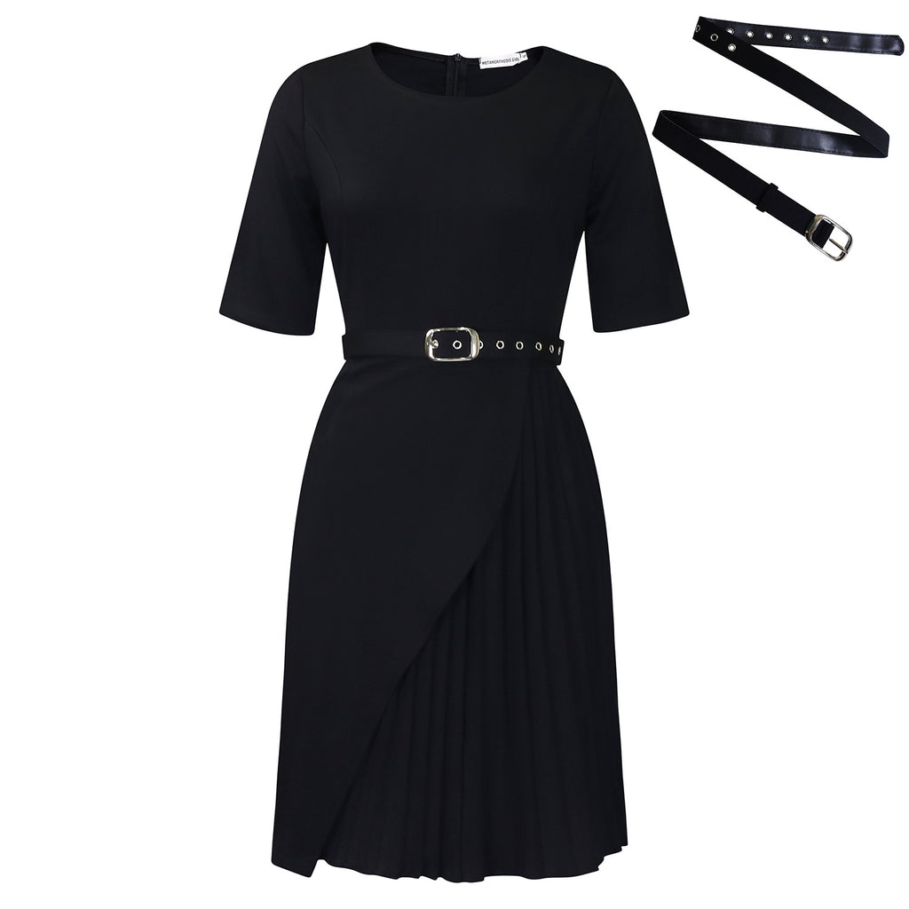 Solid-color Stylish And Elegant Midi Skirt Featuring A High-rise Waist Pleated Detailing And Three-quarter-length Sleeves