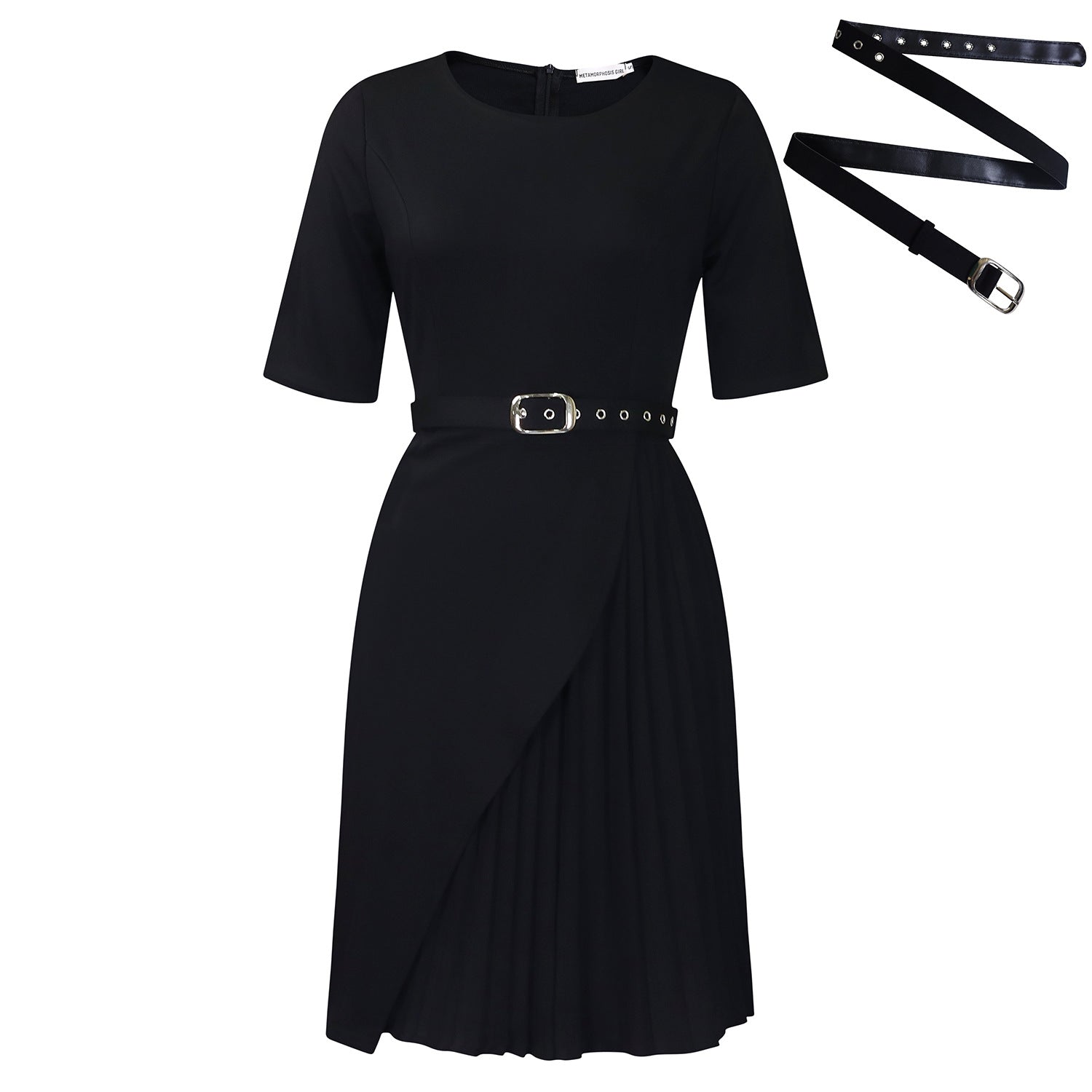 Solid-color Stylish And Elegant Midi Skirt Featuring A High-rise Waist Pleated Detailing And Three-quarter-length Sleeves
