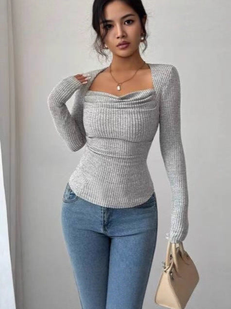 Fitted-waist Ribbed Brushed Fabric Square-neck Long-sleeve Knit Top