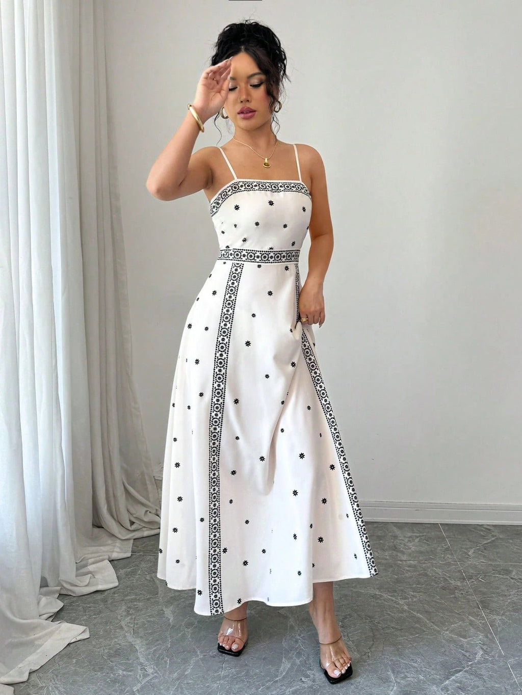 Fitted-waist White Printed A-line Maxi Dress