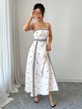Fitted-waist White Printed A-line Maxi Dress