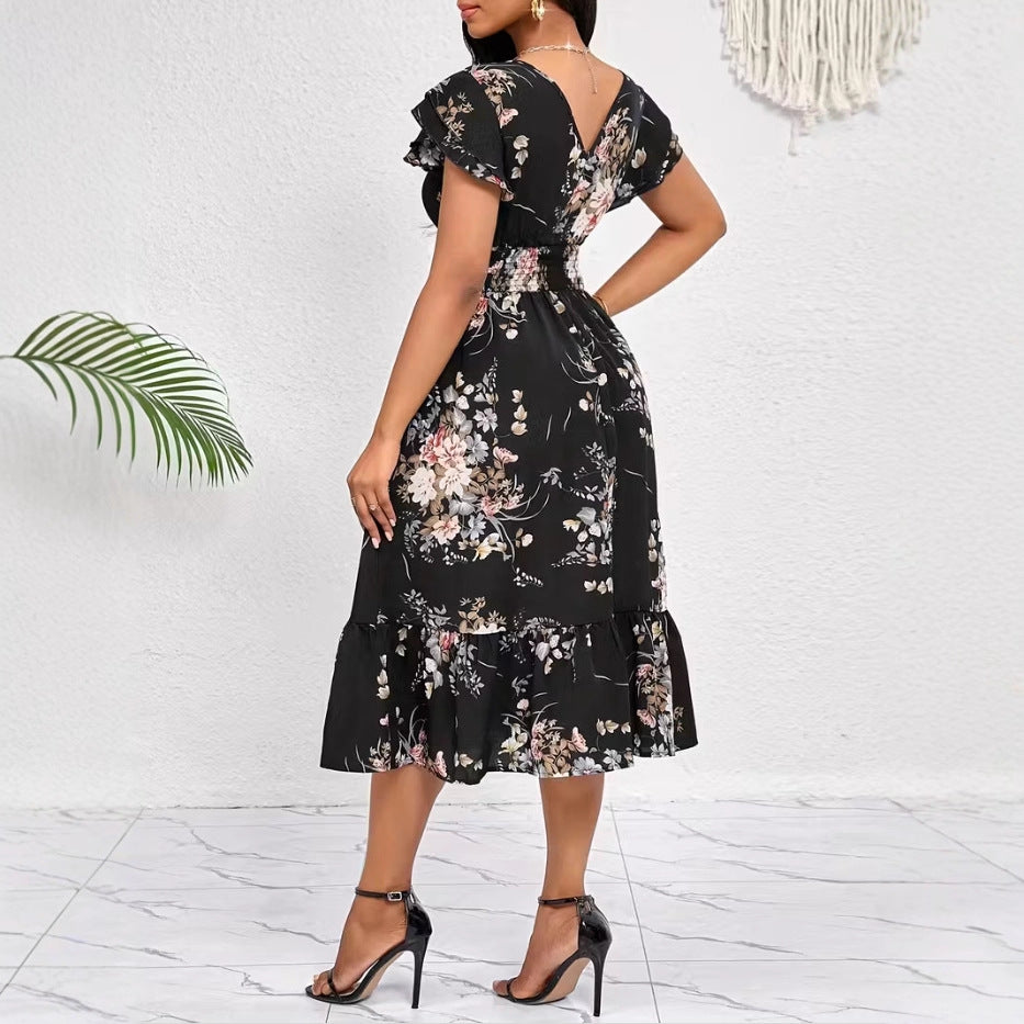 Spring Summer Ruffled-Edge Short-Sleeve Printed Dress With Elastic Waist