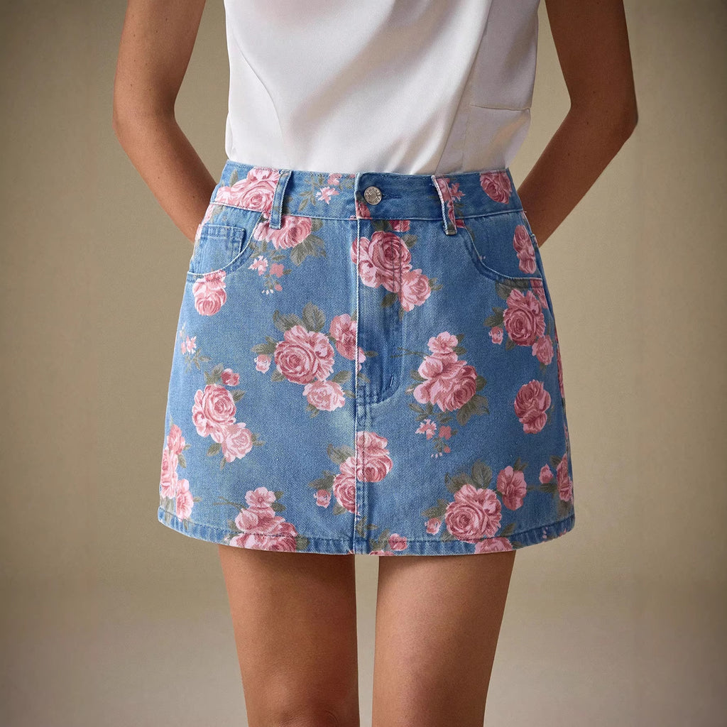 Versatile Casual Floral Fashion Denim Skirt With A Rose Print