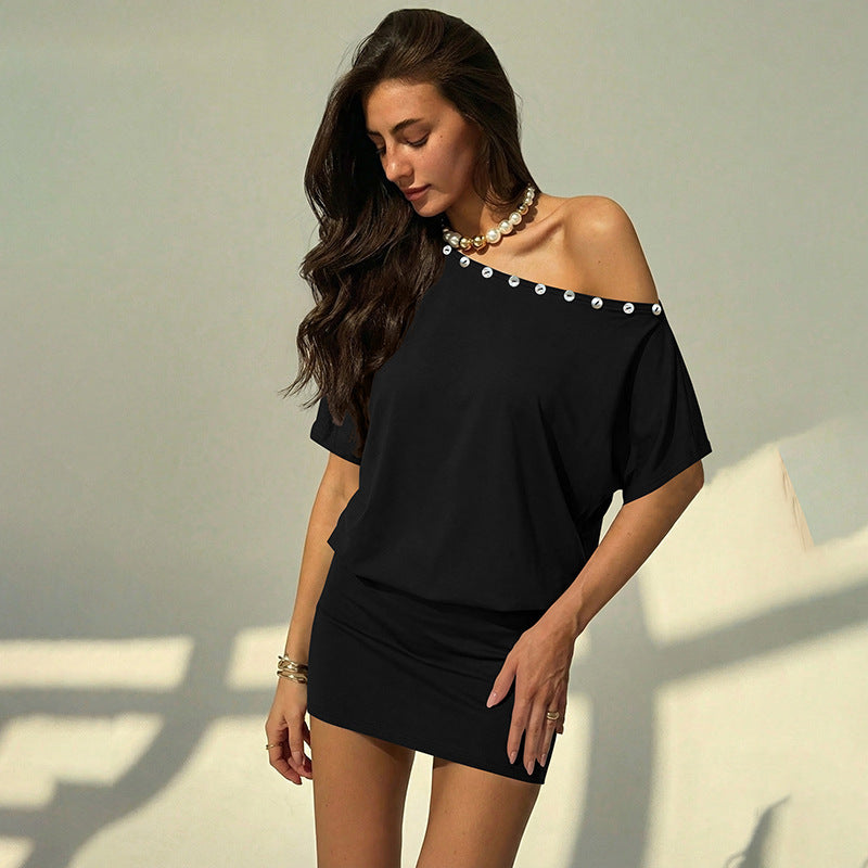 New Shell Button Slash Neck Off Shoulder Slim Fit Body Hugging Street Style Dress