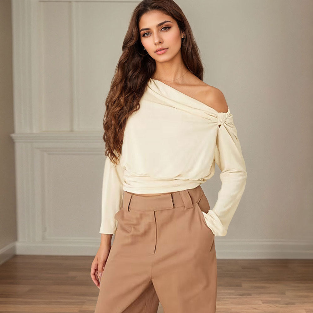 Autumn And Winter Outfit Small Design Sense Pleated Waist Single Shoulder Short Top Women
