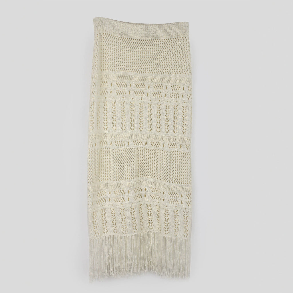 Womens Knitted Skirt With Hollowed-Out Design Tassel Trim And Solid Color