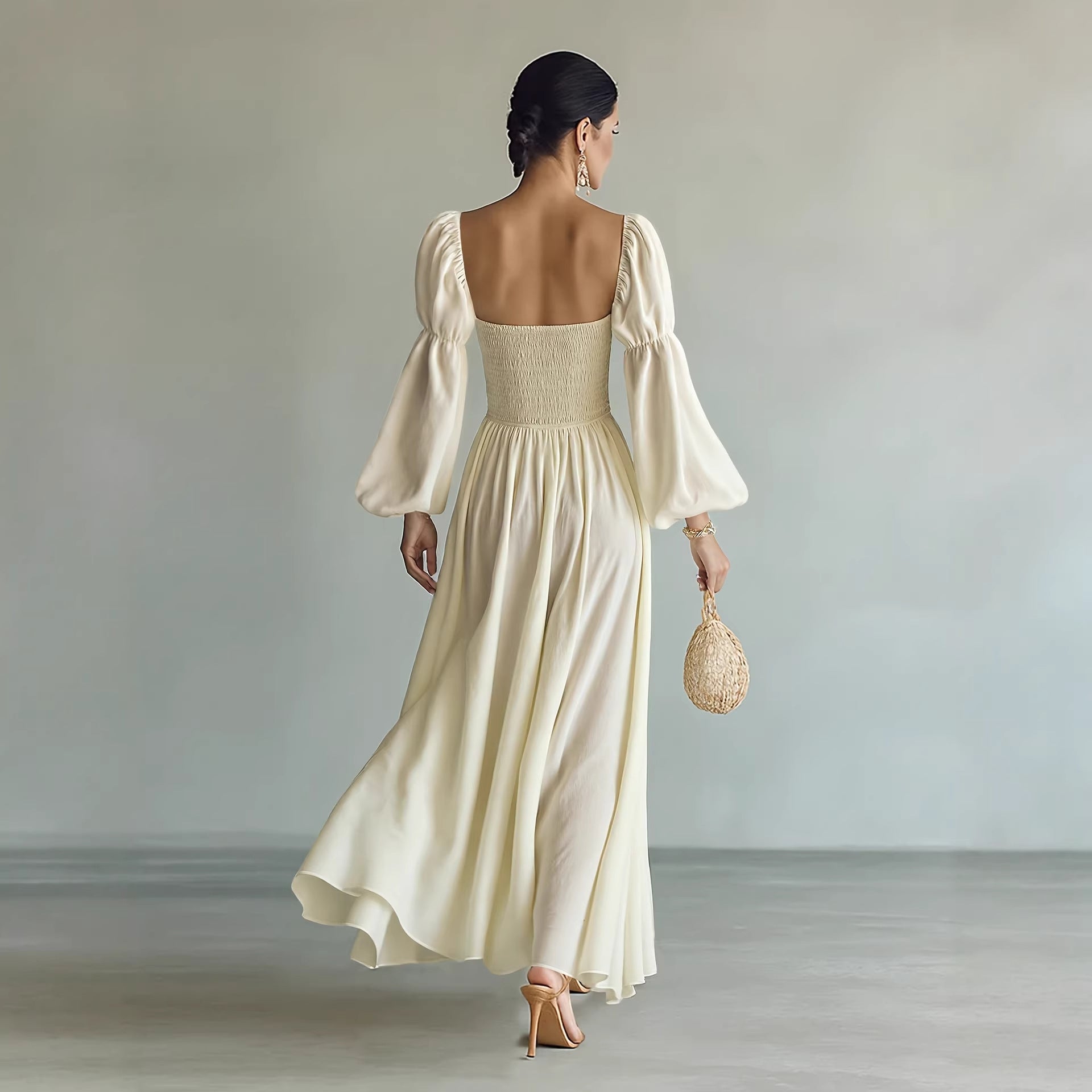 Puff Sleeves Ruched Waist Gothic Dress