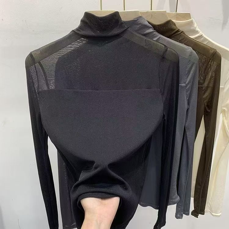 Women's Solid Color Semi-High Neck Lace Base Shirt