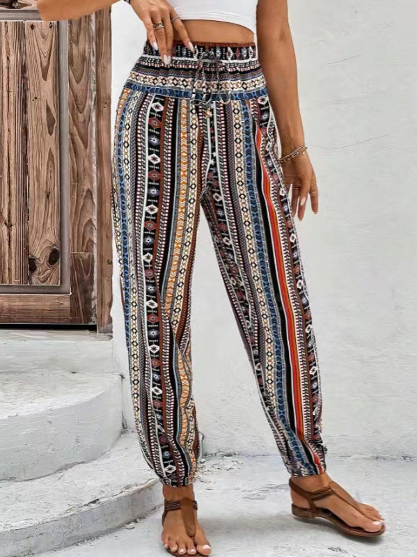 Loose Tampered Printed Drawstring Floral Print Casual Pants With Pockets