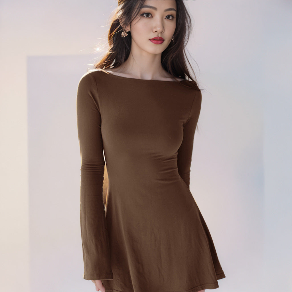 Solid-color Fashionable Crew-neck Long-sleeve Slim-fit Hip-hugging Mini Dress