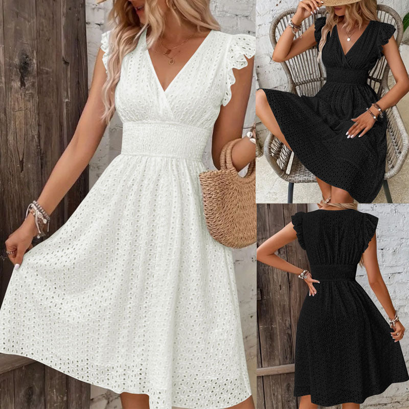 Lotus-Leaf Sleeve V-Neck Hollow-Out Embroidered Dress
