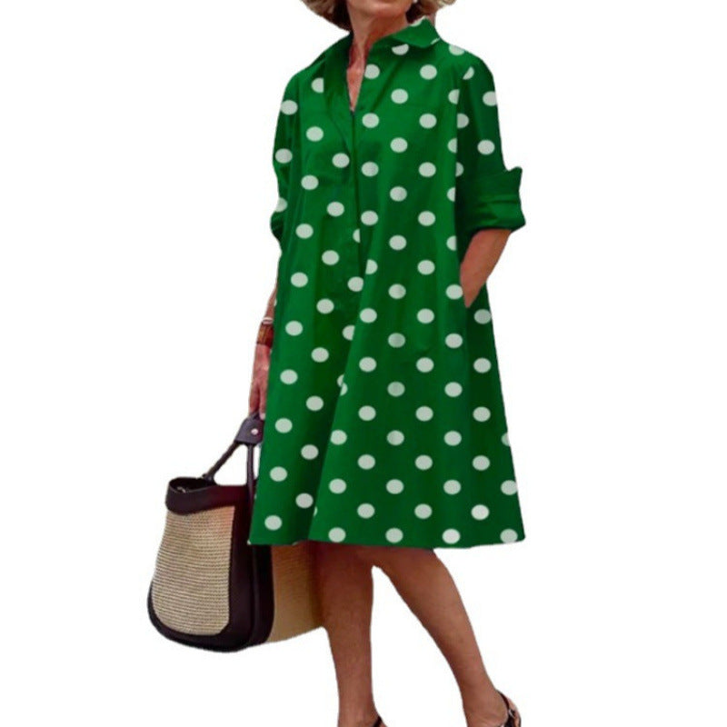 Elegant Polka-dot Printed Shirt-collar Mid-length Dress With Long Sleeves