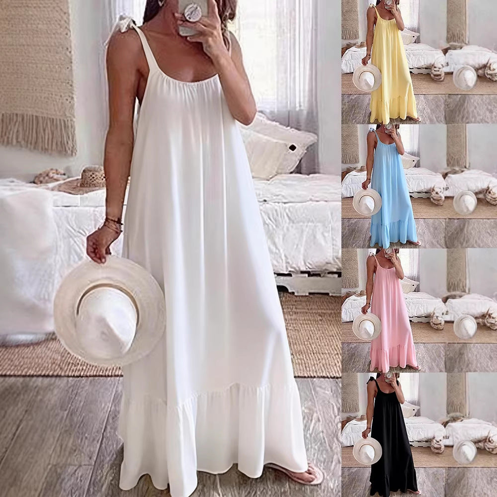 Casual Sling Dress With A U-neck Classic Pleating And Multiple Color Options