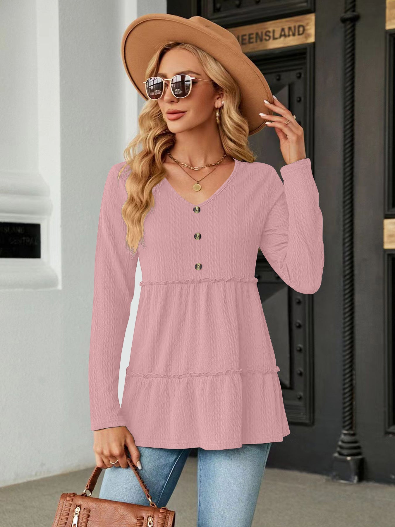 Women's Solid-color V-neck Button-panel Loose Long-sleeve Top
