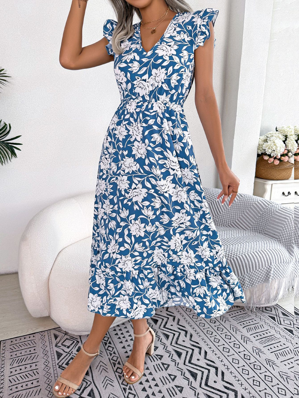 Women Casual Ruffle Trim Floral Print Tie Waist Maxi Vacation Dress