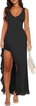 V-neck Hemline Dress Sleeveless Womens Clothing With A Letter-print Ruffled Trim