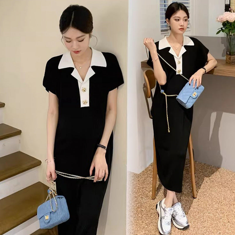Artistic Korean-style Fashionable Elegant Lapel Maternity Dress