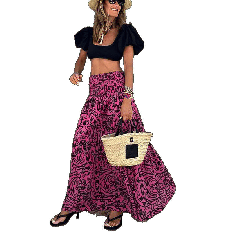Womens Creative Loose Print Long Swing Skirt