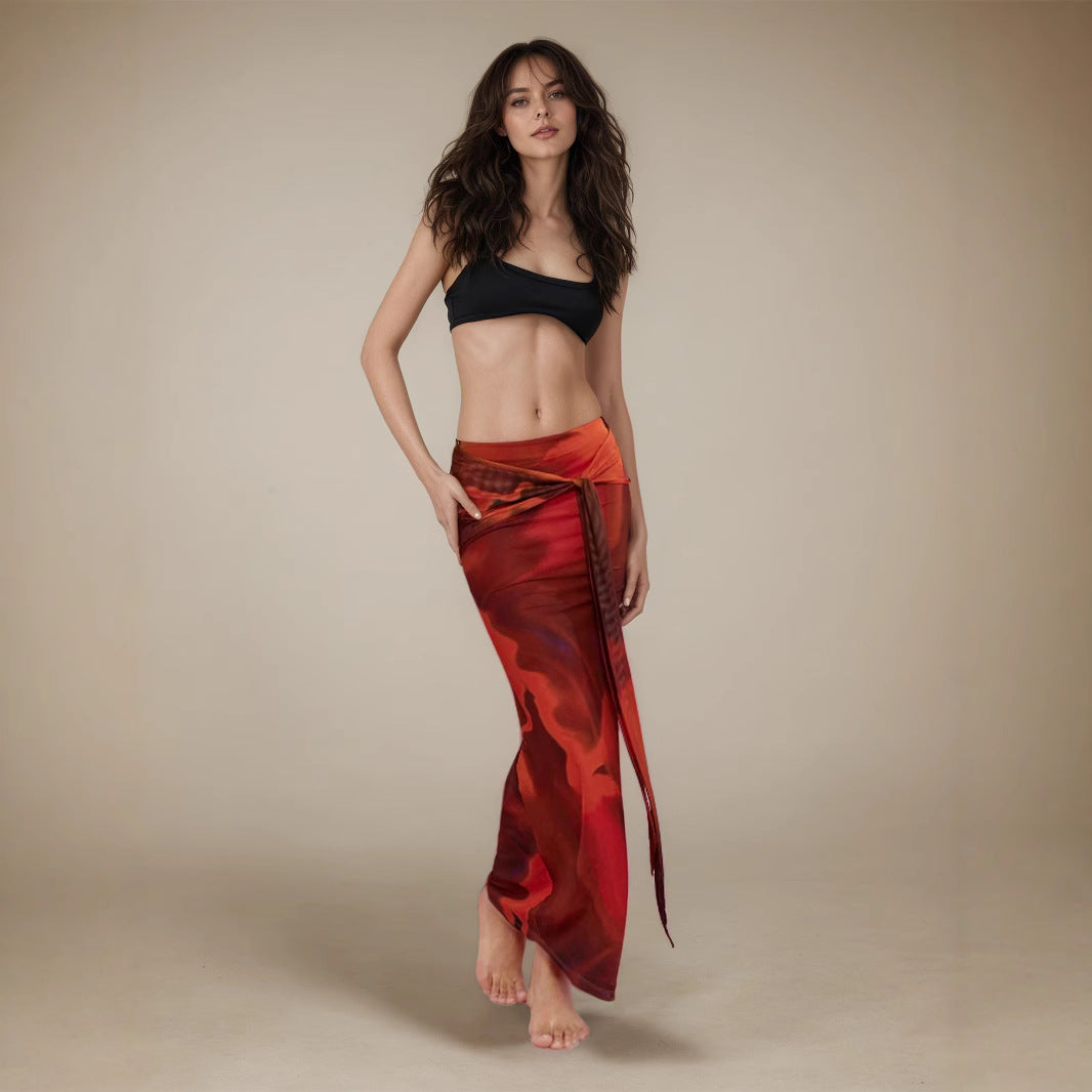 Retro Printed Slim-fit Long Skirt