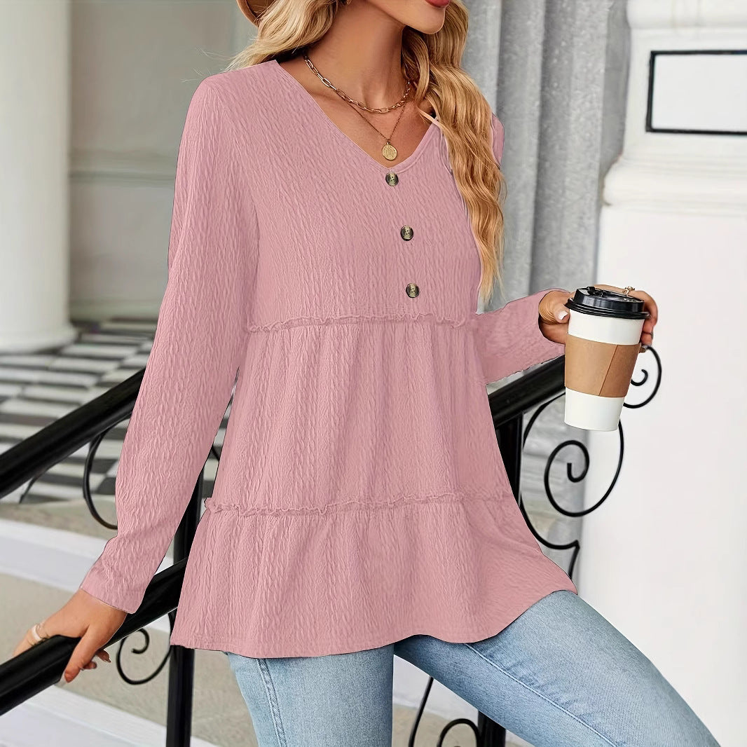 Women's Solid-color V-neck Button-panel Loose Long-sleeve Top