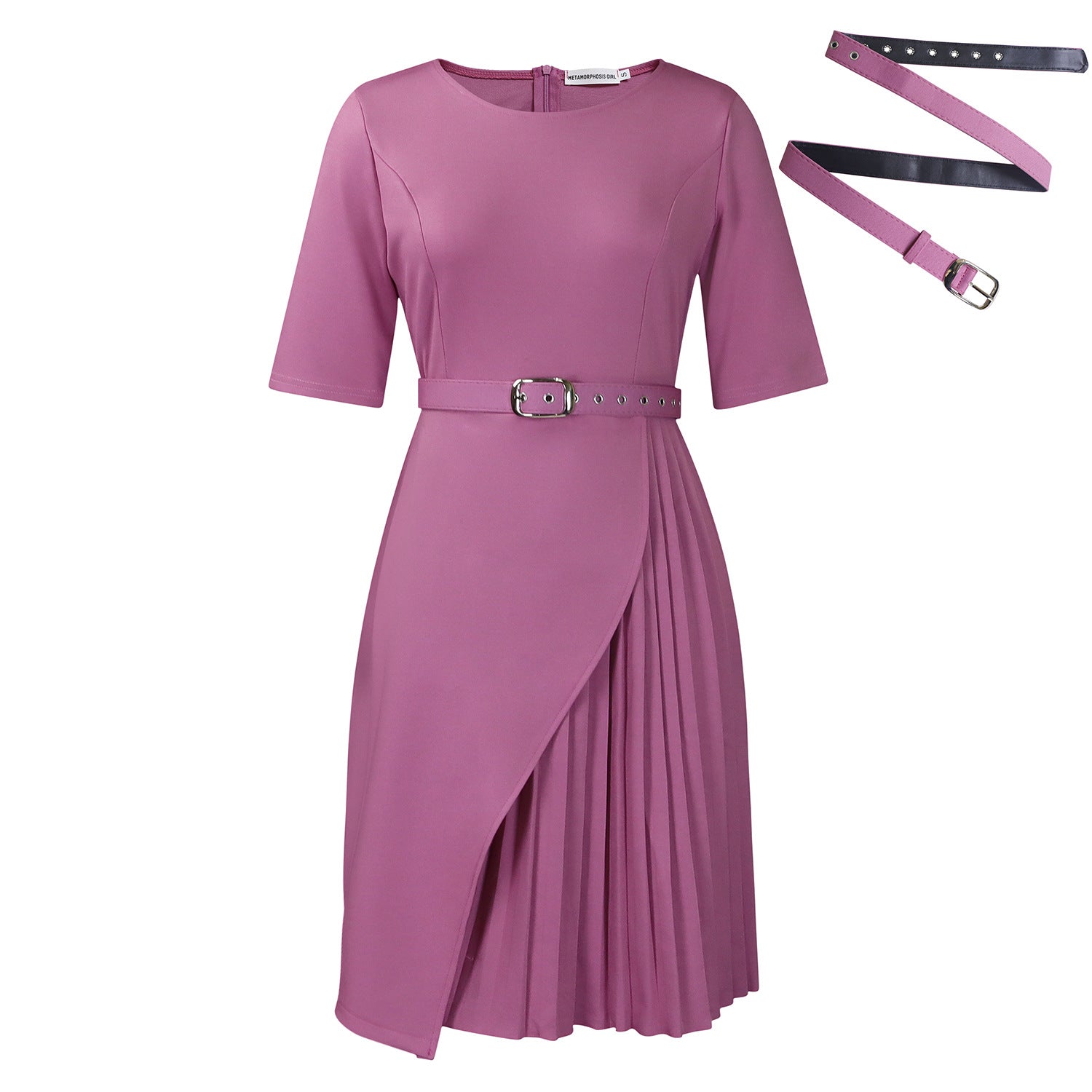 Solid-color Stylish And Elegant Midi Skirt Featuring A High-rise Waist Pleated Detailing And Three-quarter-length Sleeves