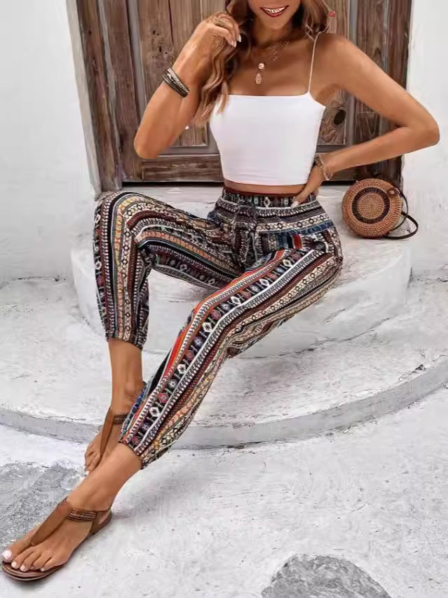 Loose Tampered Printed Drawstring Floral Print Casual Pants With Pockets