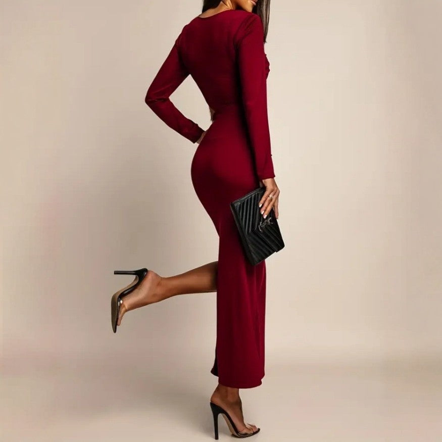 Sexy Crew-Neck Hollow-Out Long-Sleeve Sheath Dress With Side Slit