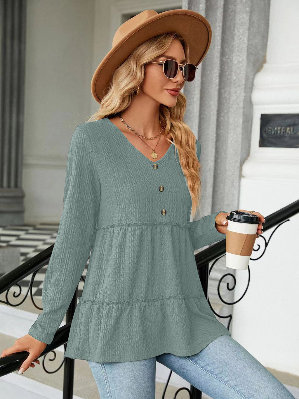 Women's Solid-color V-neck Button-panel Loose Long-sleeve Top
