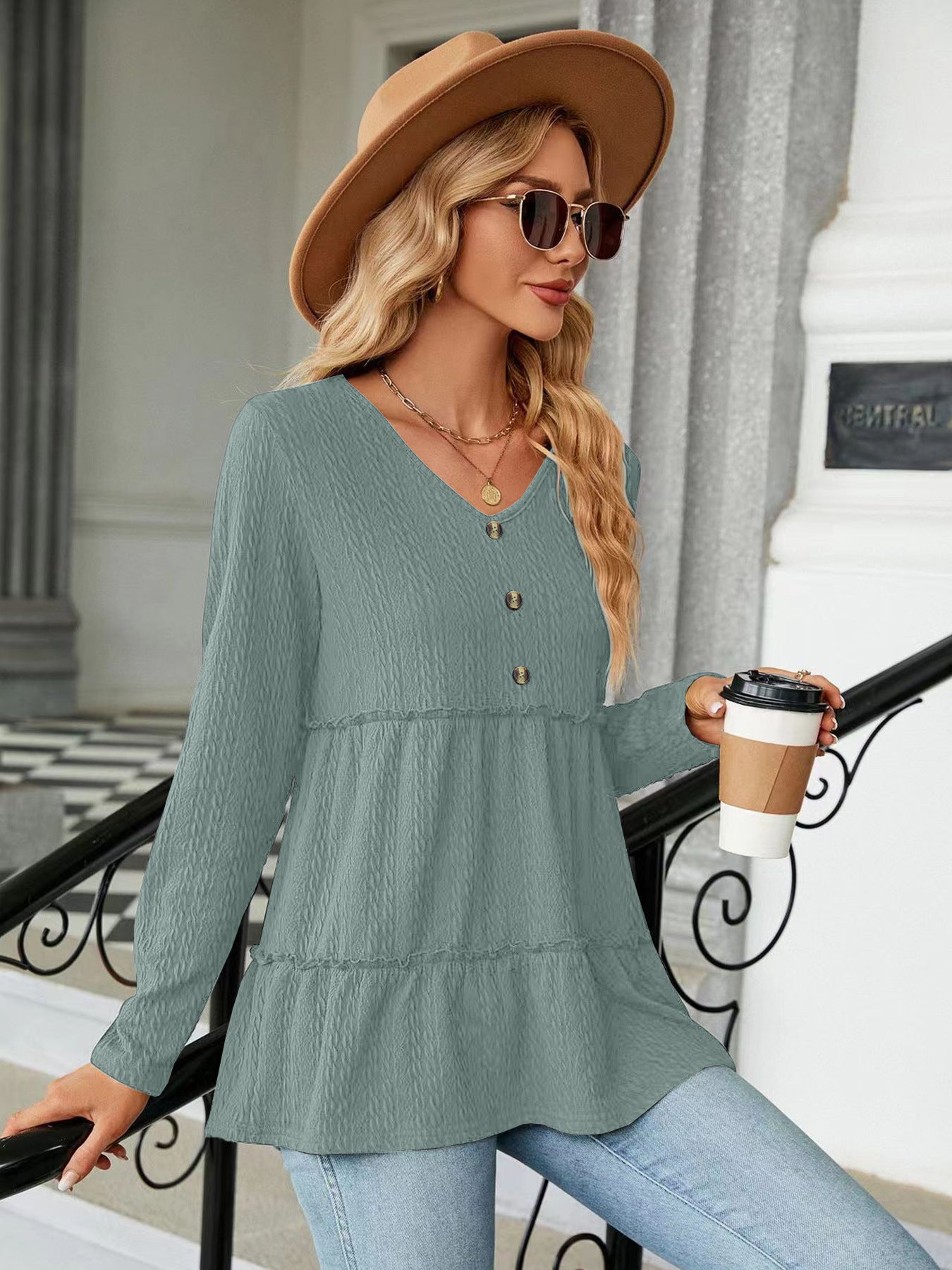 Women's Solid-color V-neck Button-panel Loose Long-sleeve Top