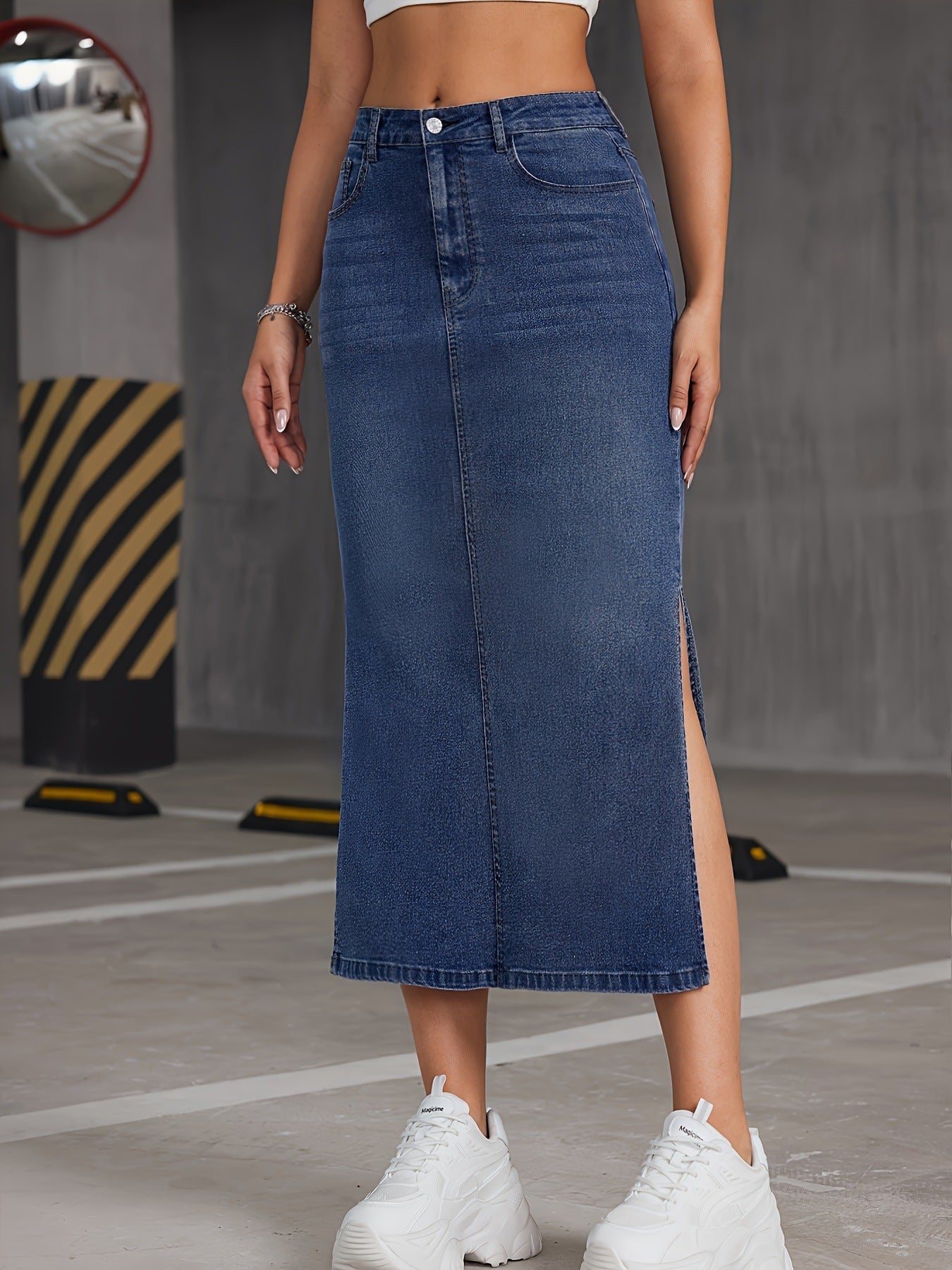 American-style Vintage Washed Color-block Bodycon Skirt