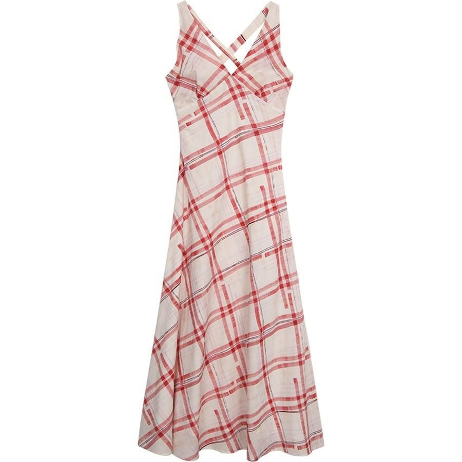 Sleeveless Cinched-waist Elegant Red Plaid Dress