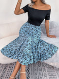 Women  Casual Off Shoulder Floral Print Ruffle Midi Dress