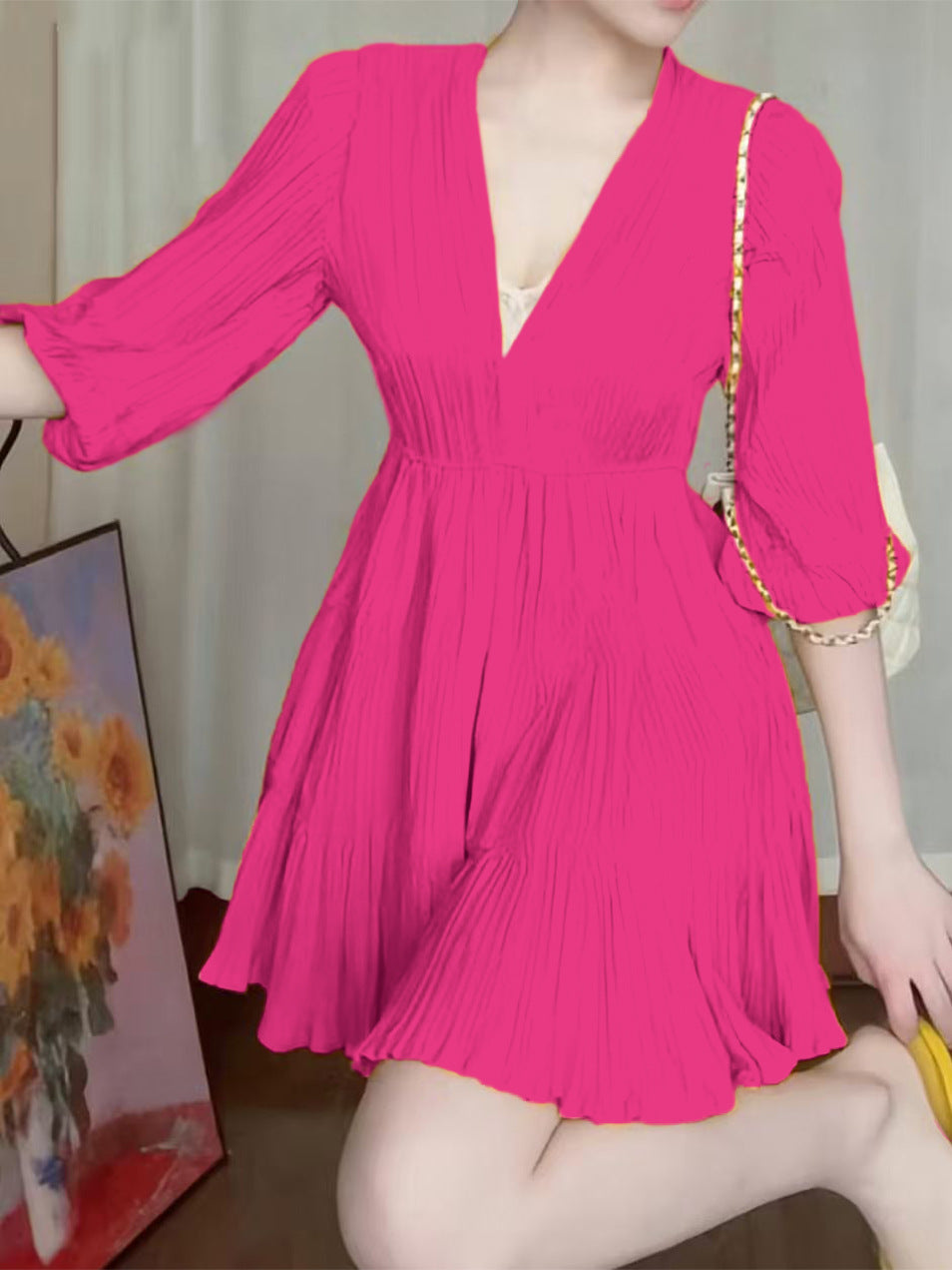 Solid-color V-neck Dress For Spring And Summer