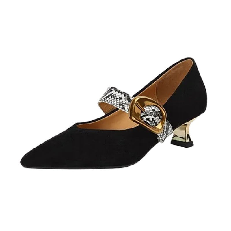 French Pointed High Heels Women's Stiletto Low-cut Shoes Elegant Buckle Regen Shoes