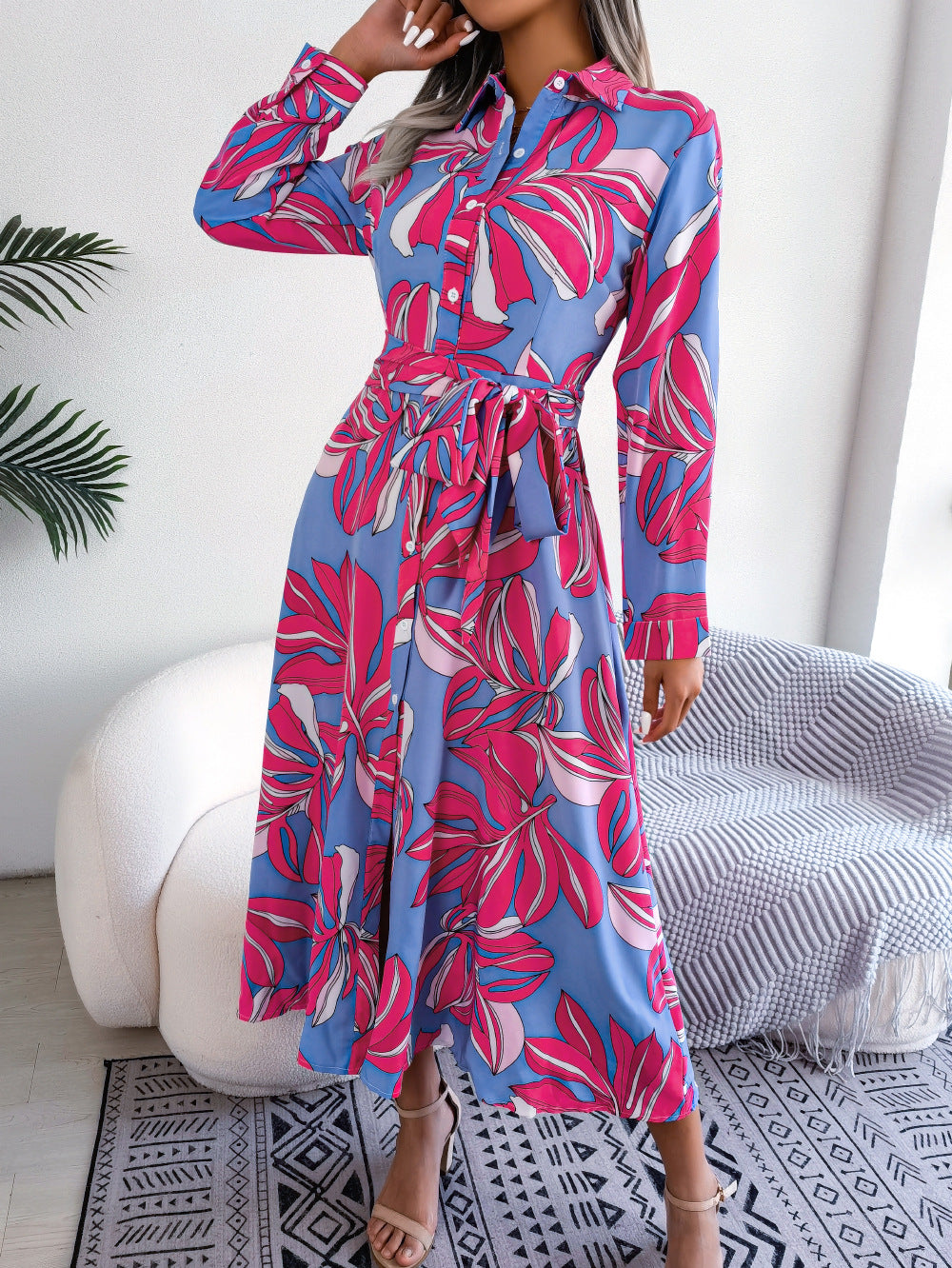 Women's Floral Print Lapel Tie Waist Shirt Maxi Dress