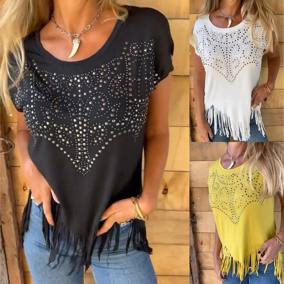 New Round-neck Short-sleeve Fashionable Casual Iron-printed Solid Color Versatile Top