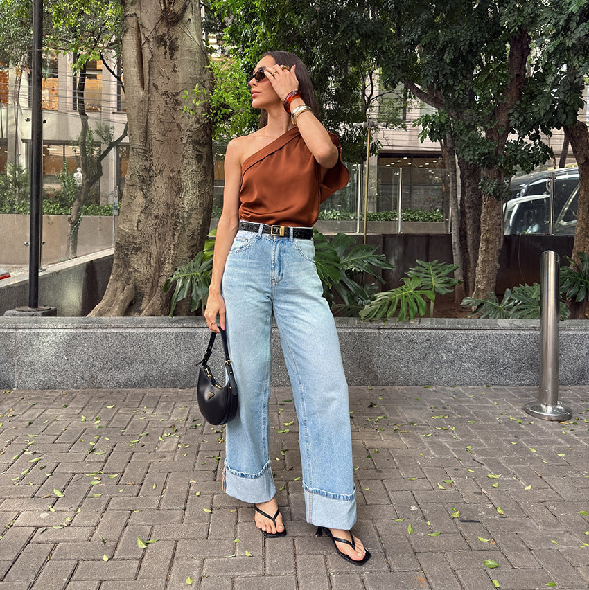 Irregular Collar Matte Color Fashion Tops Women