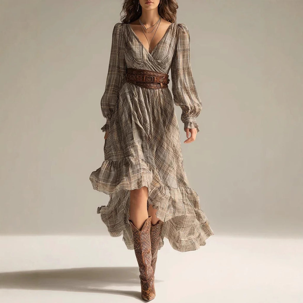 Plaid V-neck Long-sleeve Dress With Ruffled Hem