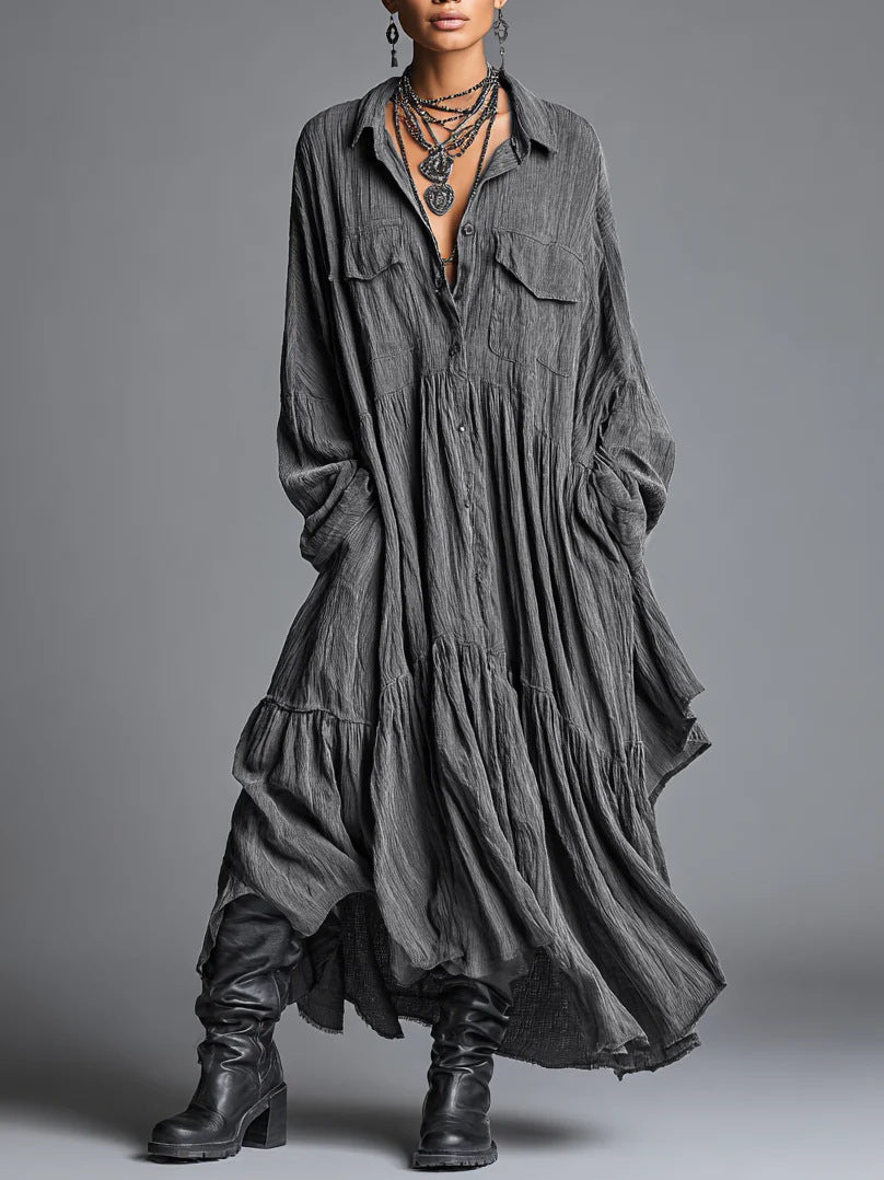 Artistic Retro Loose Pleated Long-Sleeve Shirt Dress