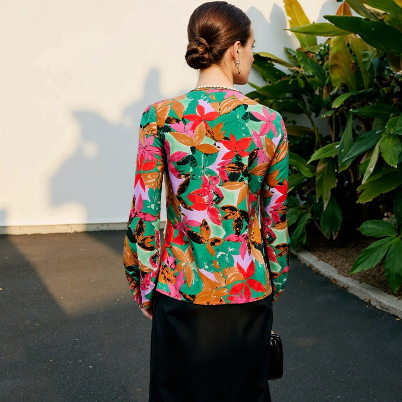 Women's Printed V-Neck Long-Sleeve Shirt